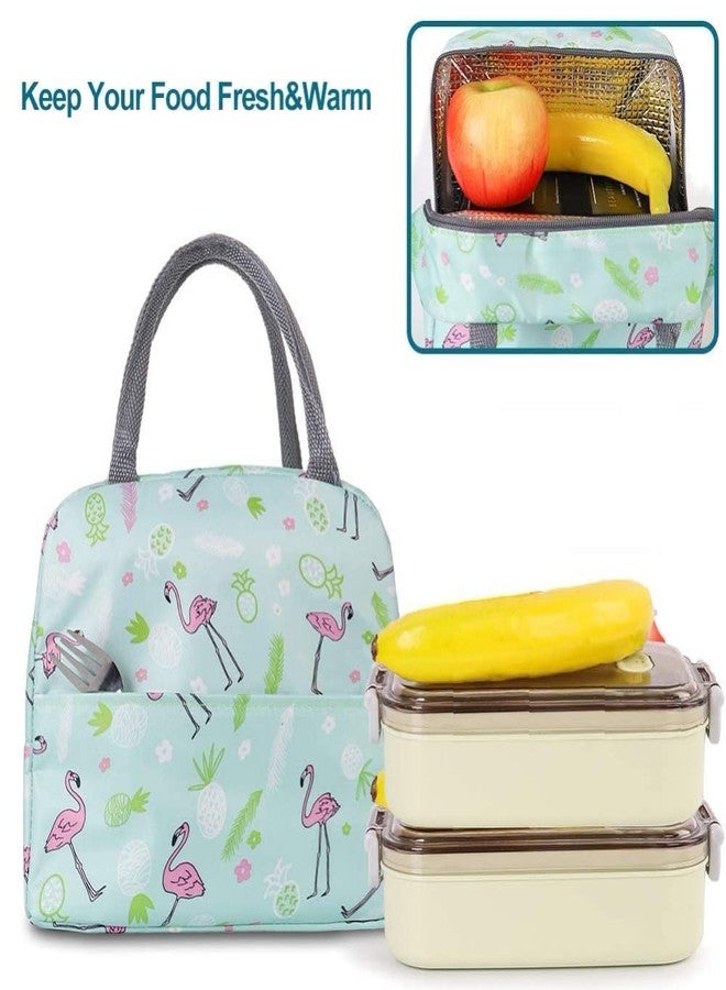 FOMQUAZLI Portable Lunch Bag Insulated Canvas Tote Travel Tiffin Bag Thermal Food Canvas Insulated Cooler Bags Thermal Food Picnic Lunch Bags Kids for School, College and Office (Flamingo Green) - Image 2